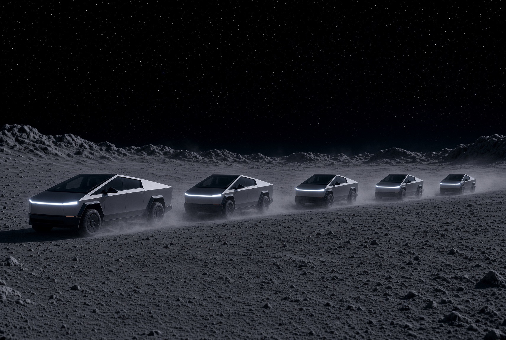 Cybertrucks traveling together beneath a star-filled sky